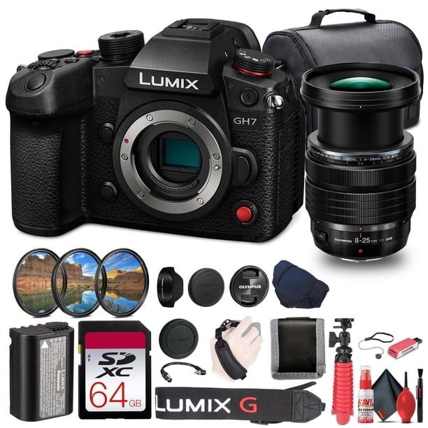 Lumix GH7-kamera med objektiv, SD-kort och fototillbehör
