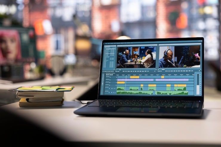 Laptop med videoredigering och tidslinje på ett skrivbord