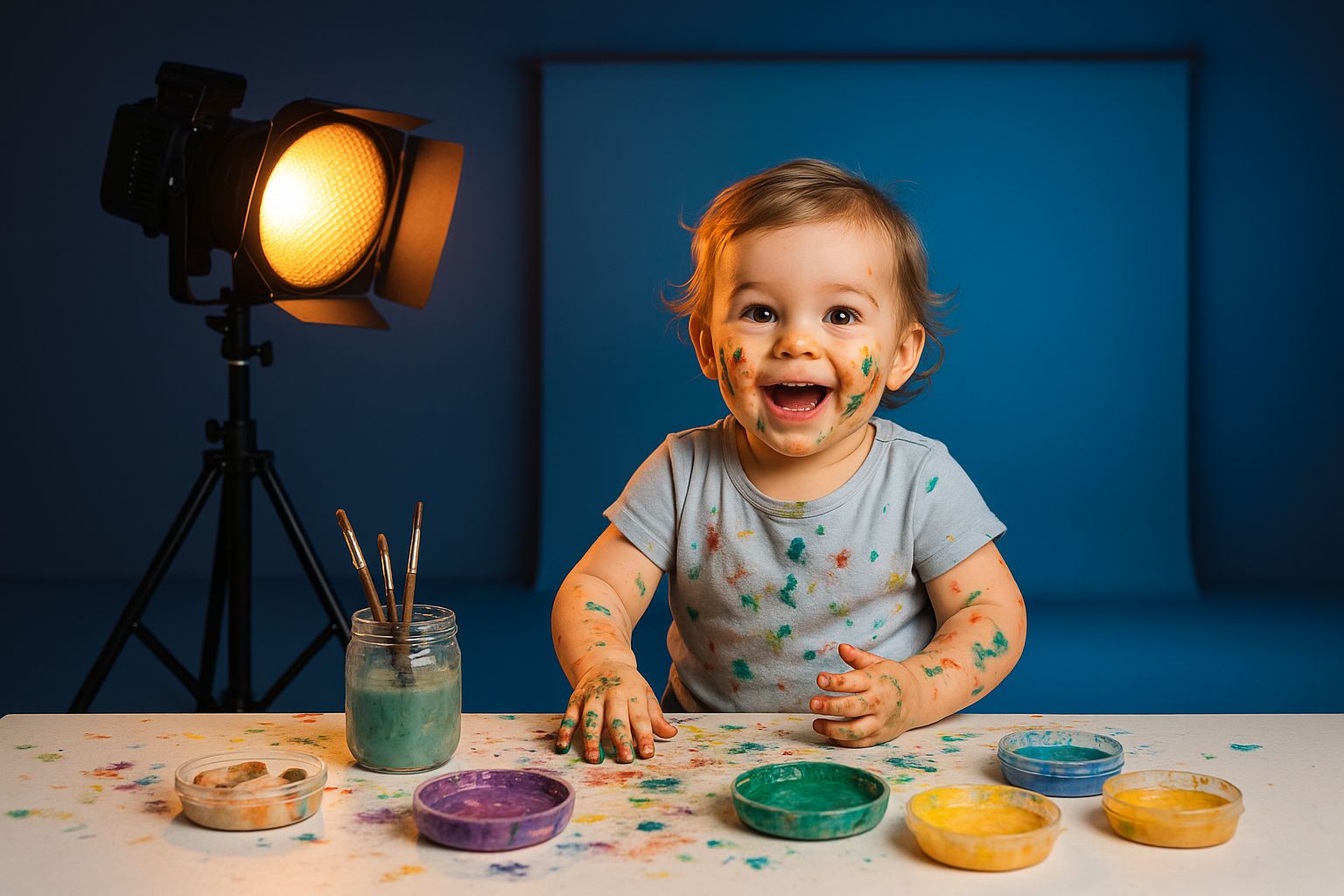 Fotograf justerar studiobelysning framför vit bakgrund i hyrstudio i Stockholm.